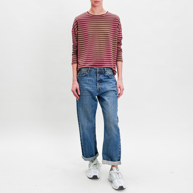 Zeroassoluto-T-shirt striped box jersey - rose/military