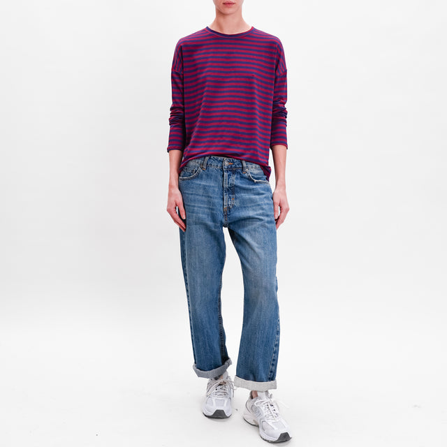 Zeroassoluto-T-shirt striped box jersey - wine/blue