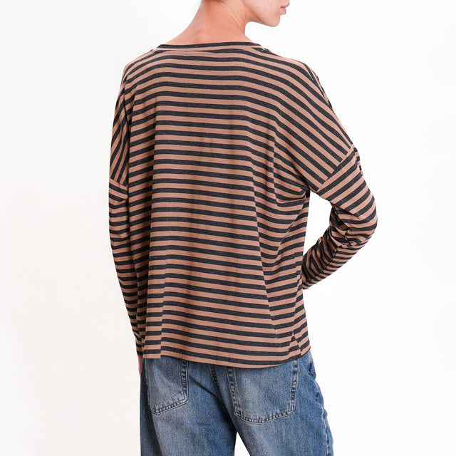 Zeroassoluto-V-neck striped jersey T-shirt - barley/anthracite