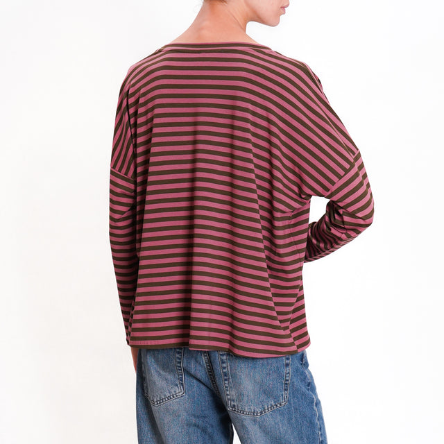 Zeroassoluto-V-neck striped jersey T-shirt - rose/military