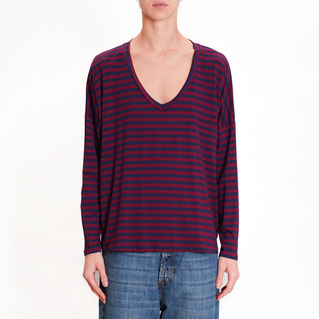 Zeroassoluto-V-neck striped jersey T-shirt - wine/blue