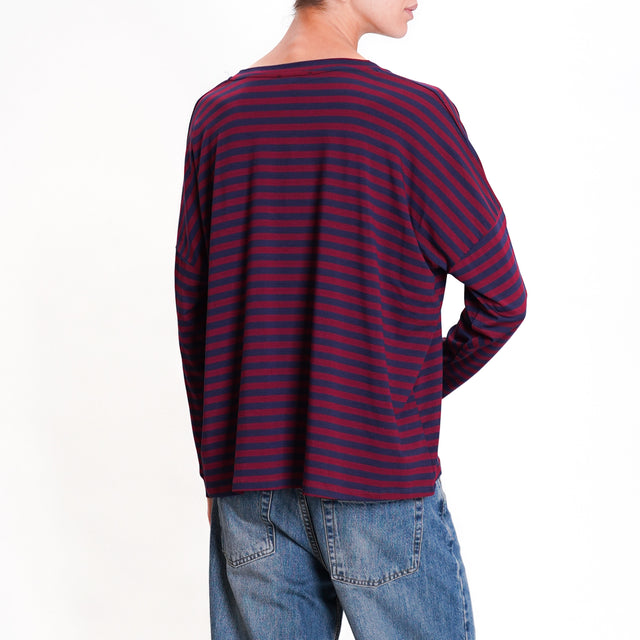 Zeroassoluto-V-neck striped jersey T-shirt - wine/blue