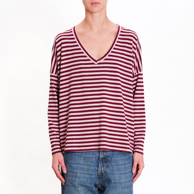 Zeroassoluto-V-neck striped jersey T-shirt - wine/pink