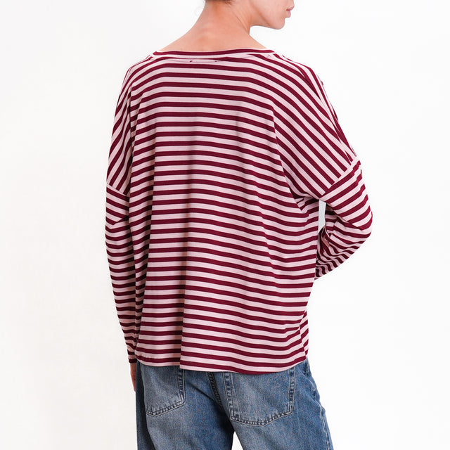 Zeroassoluto-V-neck striped jersey T-shirt - wine/pink