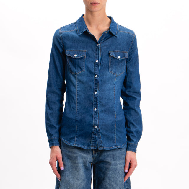 Zeroassoluto-Camicia slim fit tela denim light stretch - denim scuro