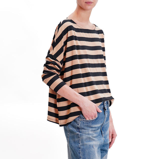 Zeroassoluto-T-shirt CLIO riga larga in jersey - sand/nero