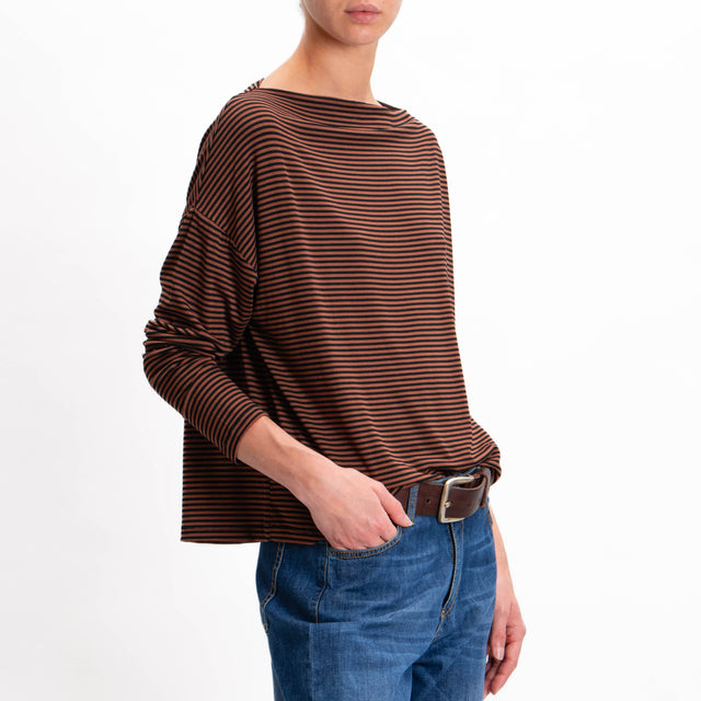 Zeroassoluto-T-shirt CLOE righe in jersey - cuoio/nero