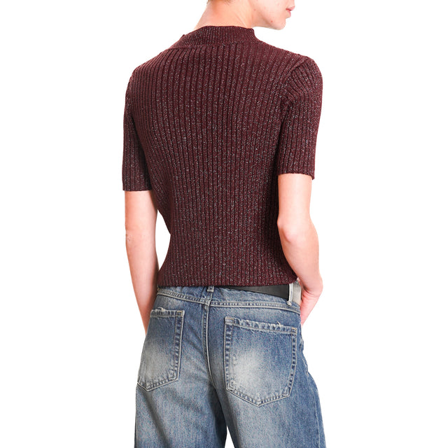 Zeroassoluto-Ribbed Lurex Fitted Collar Sweater - Wine