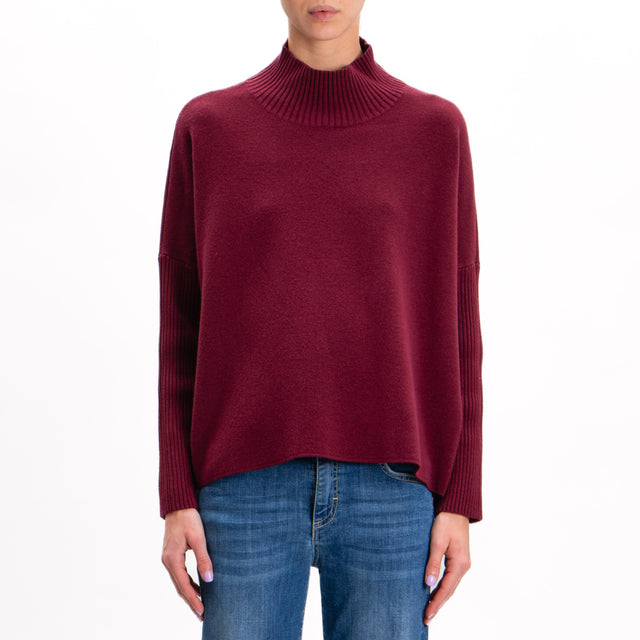 Zeroassoluto-Ribbed sleeve fitted collar sweater - wine