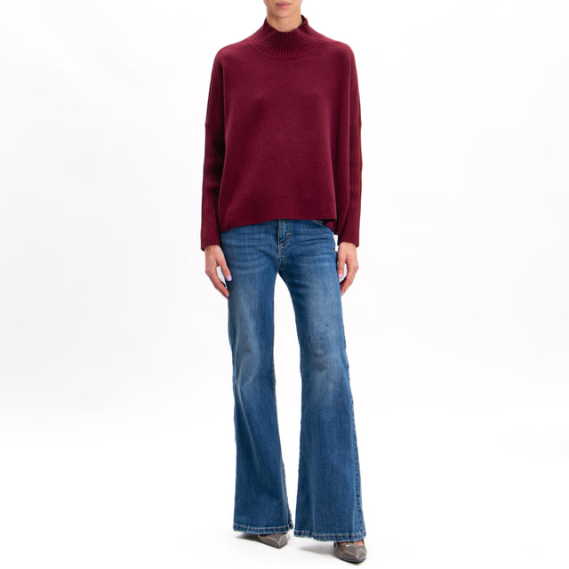 Zeroassoluto-Ribbed sleeve fitted collar sweater - wine