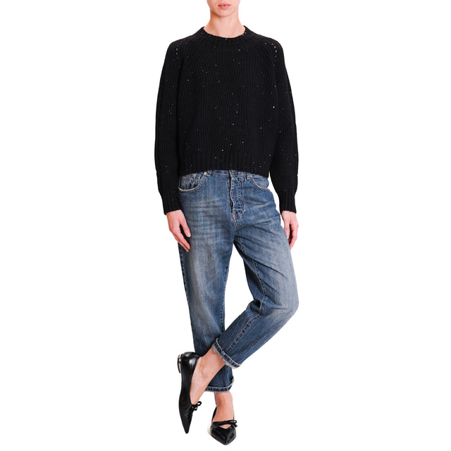 Haveone-Micro Sequin Ribbed Sweater - Black