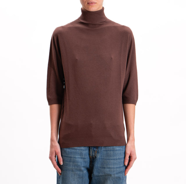 Kontatto-High neck short sleeve sweater - cocoa