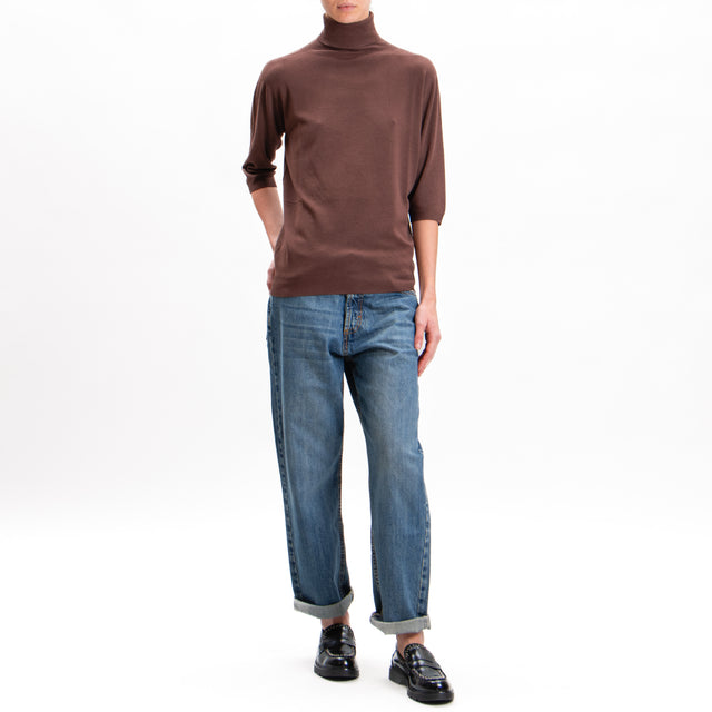 Kontatto-High neck short sleeve sweater - cocoa