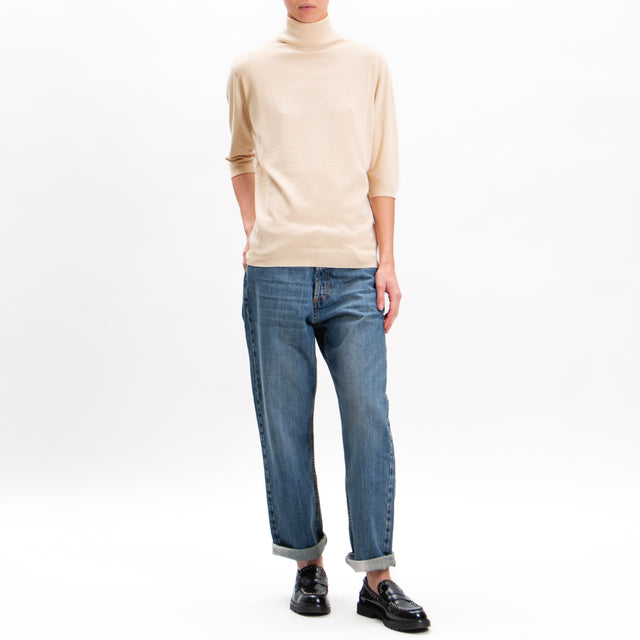 Kontatto-High neck short sleeve sweater - beige