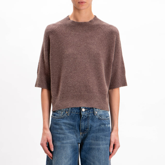 Kontatto-Short sleeve fitted neck sweater - coffee