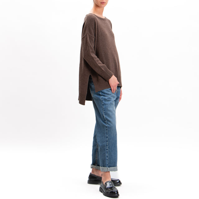 Kontatto-Cashmere Blend Sweater Side Slits - Coffee