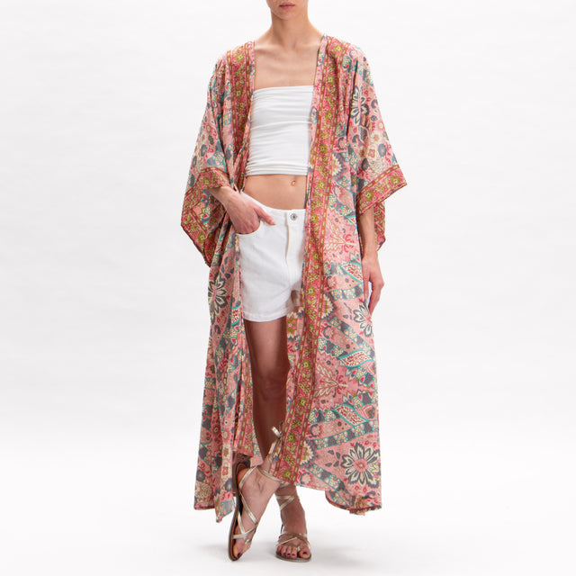 Kontatto-Kimono misto seta fantasia - rosa/olio/grey