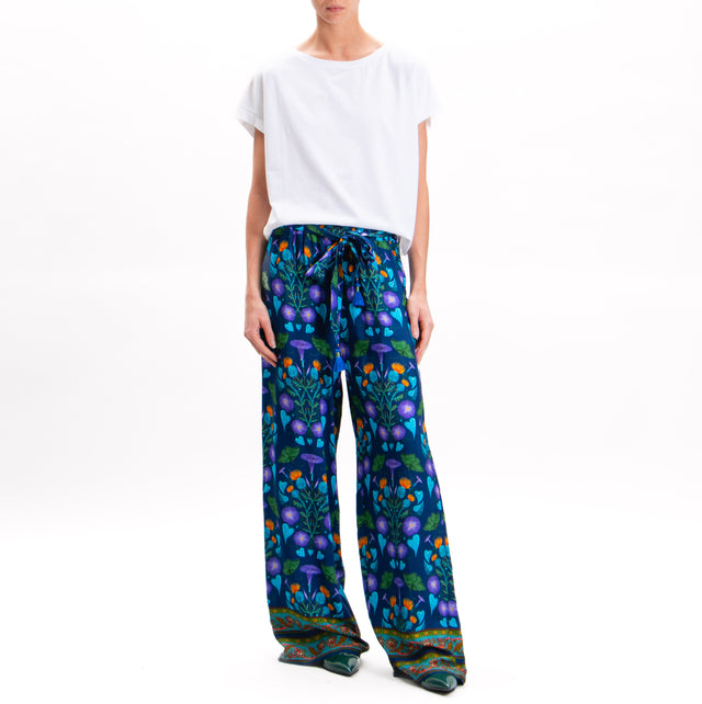 Wu'side-Floral Print Elastic Waist Trousers - Blue/Purple/Turquoise