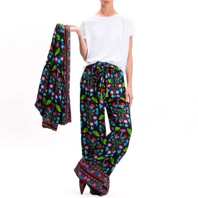 Wu'side-Floral Print Pants with Elastic - Black/Cyclamen/Turquoise