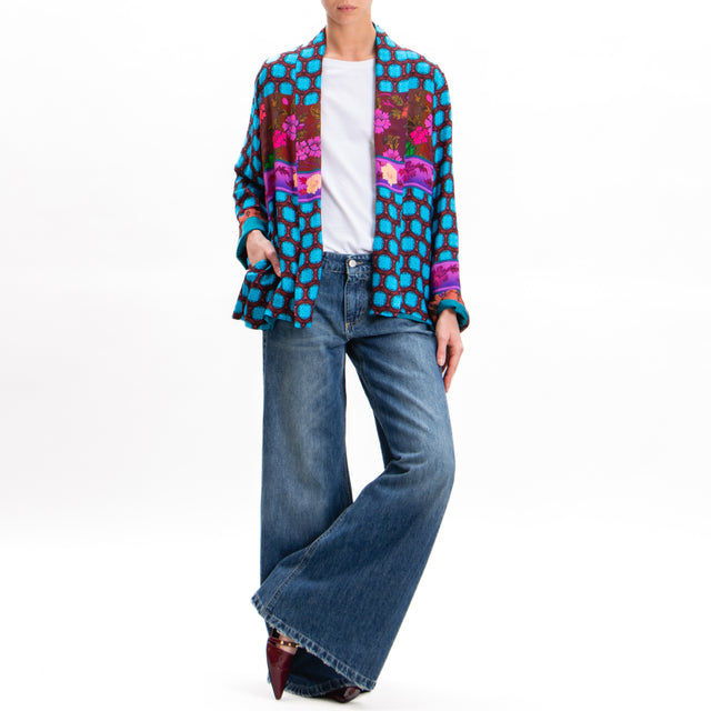 Wu'side-Floral Print Kimono Jacket - Turquoise/Wine/Fuchsia